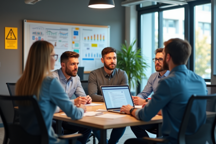 Groupe de collègues discutant sécurité au bureau