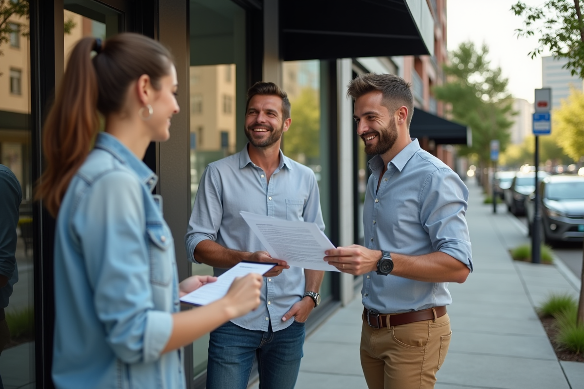 Homme remettant clés à un jeune couple devant un bâtiment