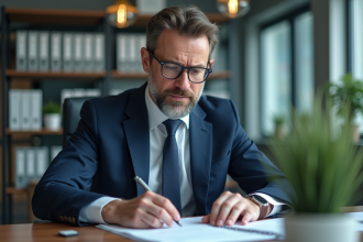 Homme d affaires en costume lisant des documents en réunion