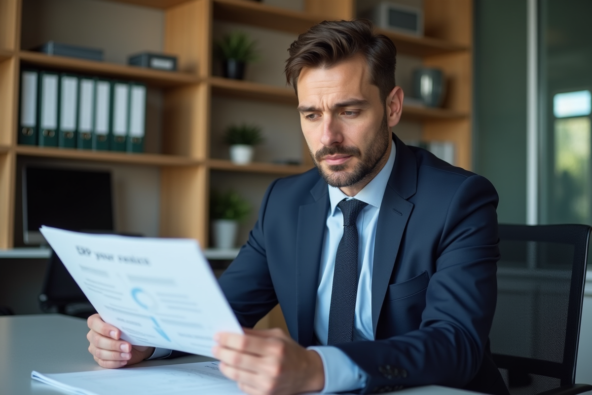 Homme d'affaires en costume bleu examine un rapport ERP