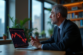 Homme d'âge moyen au bureau regardant un graphique boursier en baisse