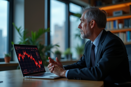 Homme d'âge moyen au bureau regardant un graphique boursier en baisse