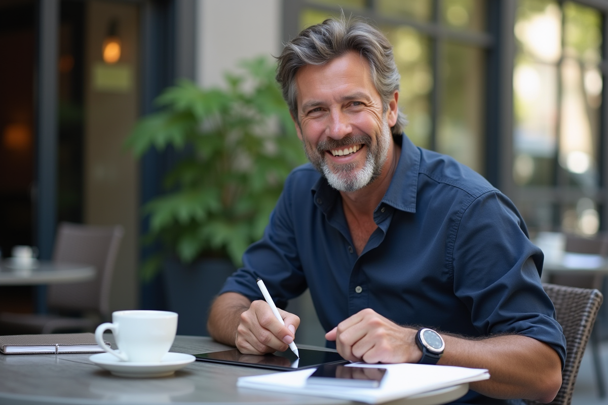 Homme souriant prenant des notes lors d