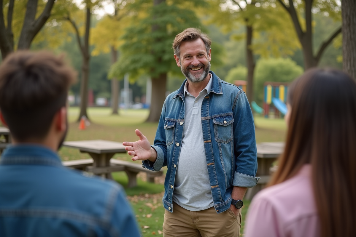 Homme encourageant volontaires dans un parc