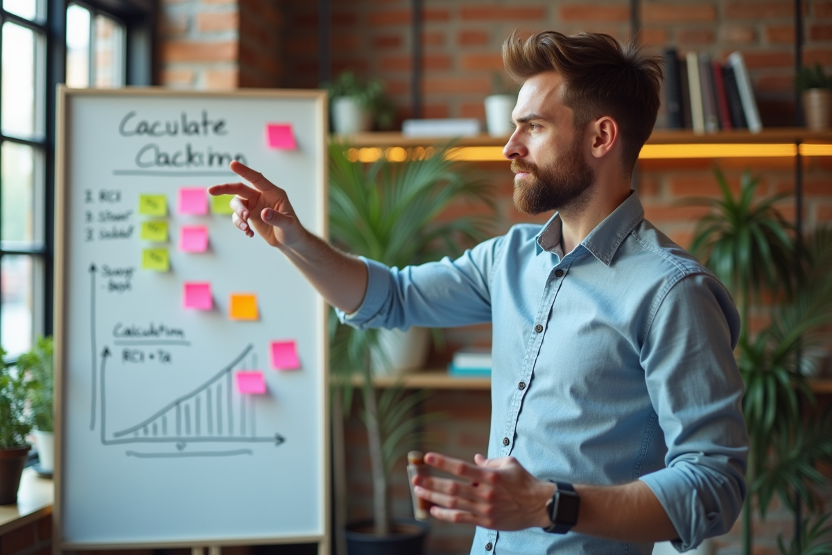 Homme expliquant des diagrammes ROI devant un tableau blanc dans un espace de coworking