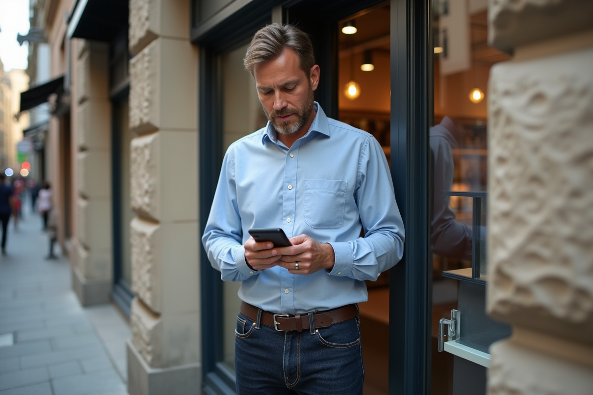 Homme d affaires utilisant son smartphone devant un magasin en ville