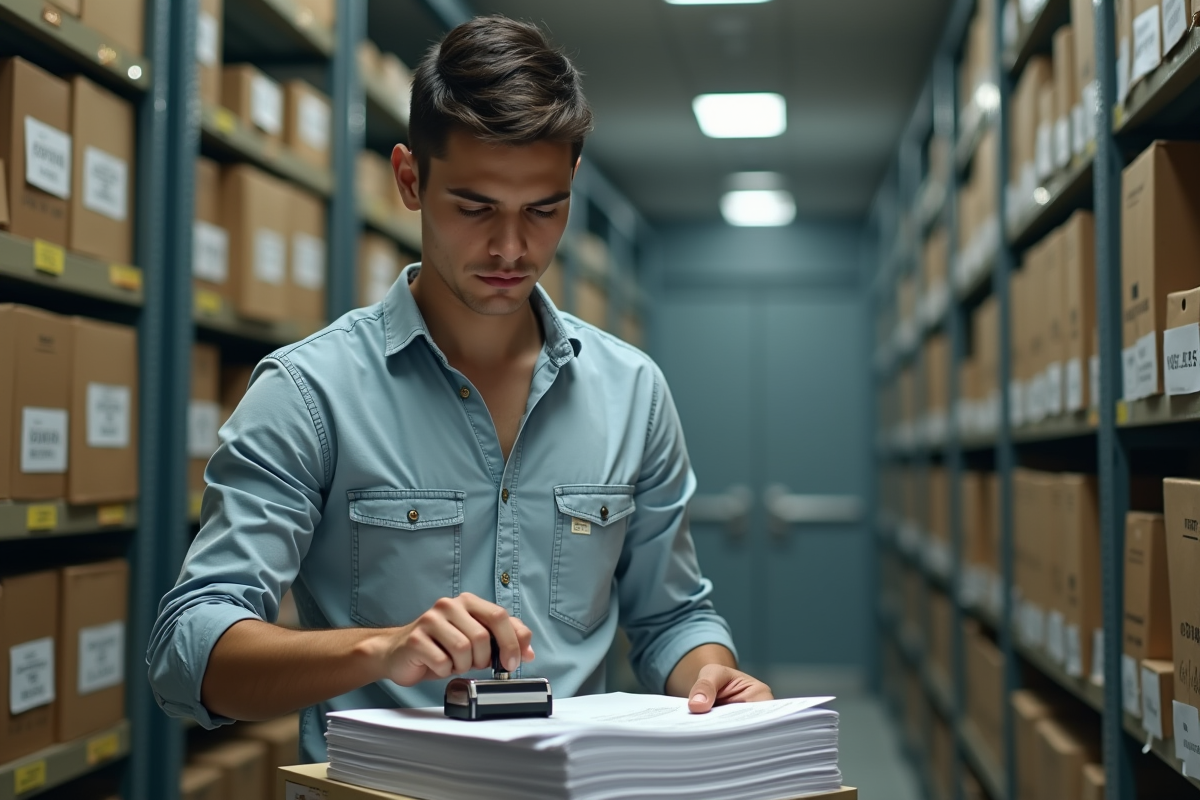 Jeune homme estampant des documents confidentiels dans une salle d archives