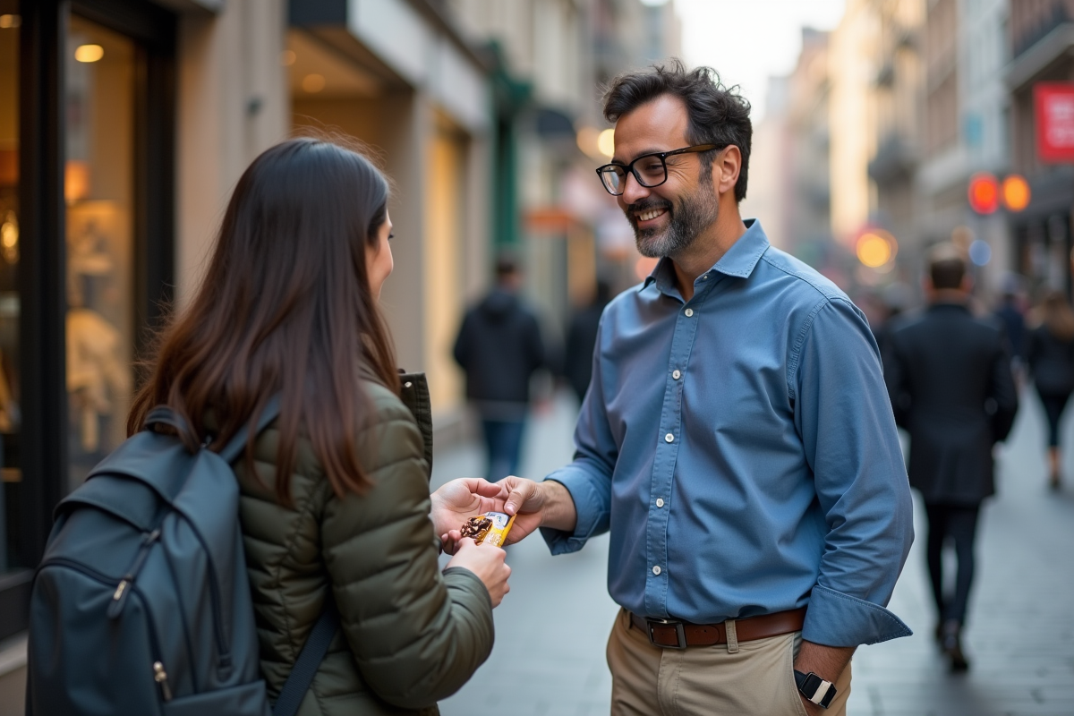 Homme dans la rue donnant un échantillon promotionnel