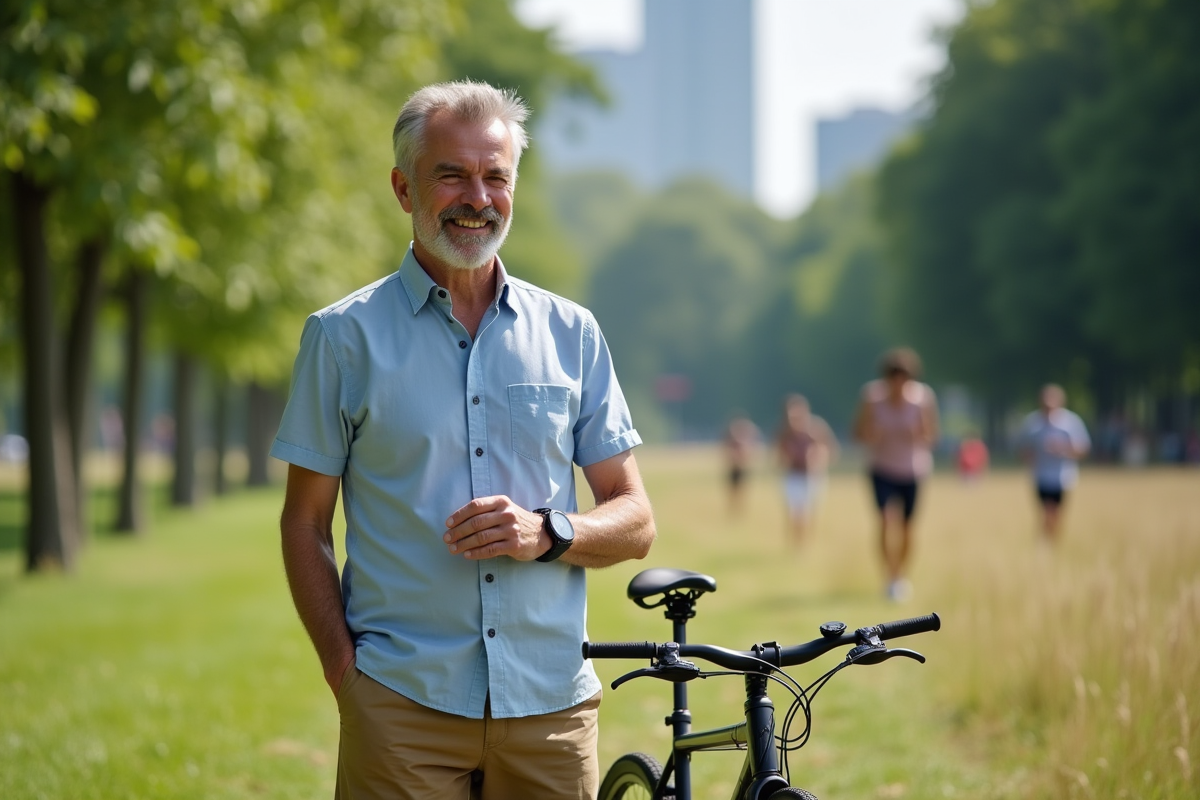 Homme souriant avec vélo dans un parc urbain verdoyant