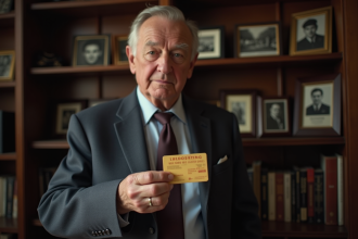 Homme age en costume tenant une carte fidelite vintage