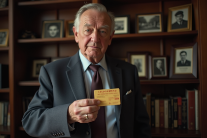 Homme age en costume tenant une carte fidelite vintage