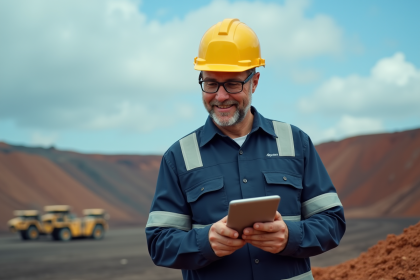 Ingénieur minier homme examinant une tablette en plein air