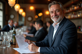 Inspecteur en blazer navy examine des papiers dans un bar français