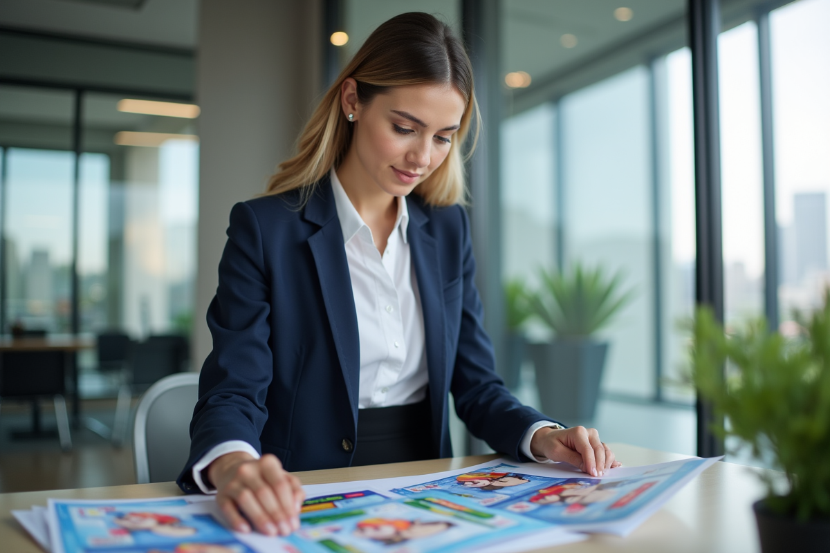 Jeune femme en bureau arrangeant des flyers promotionnels