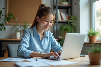 Jeune femme au bureau utilisant un ordinateur portable