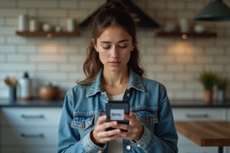 Jeune femme avec smartphone et logo Temu visible