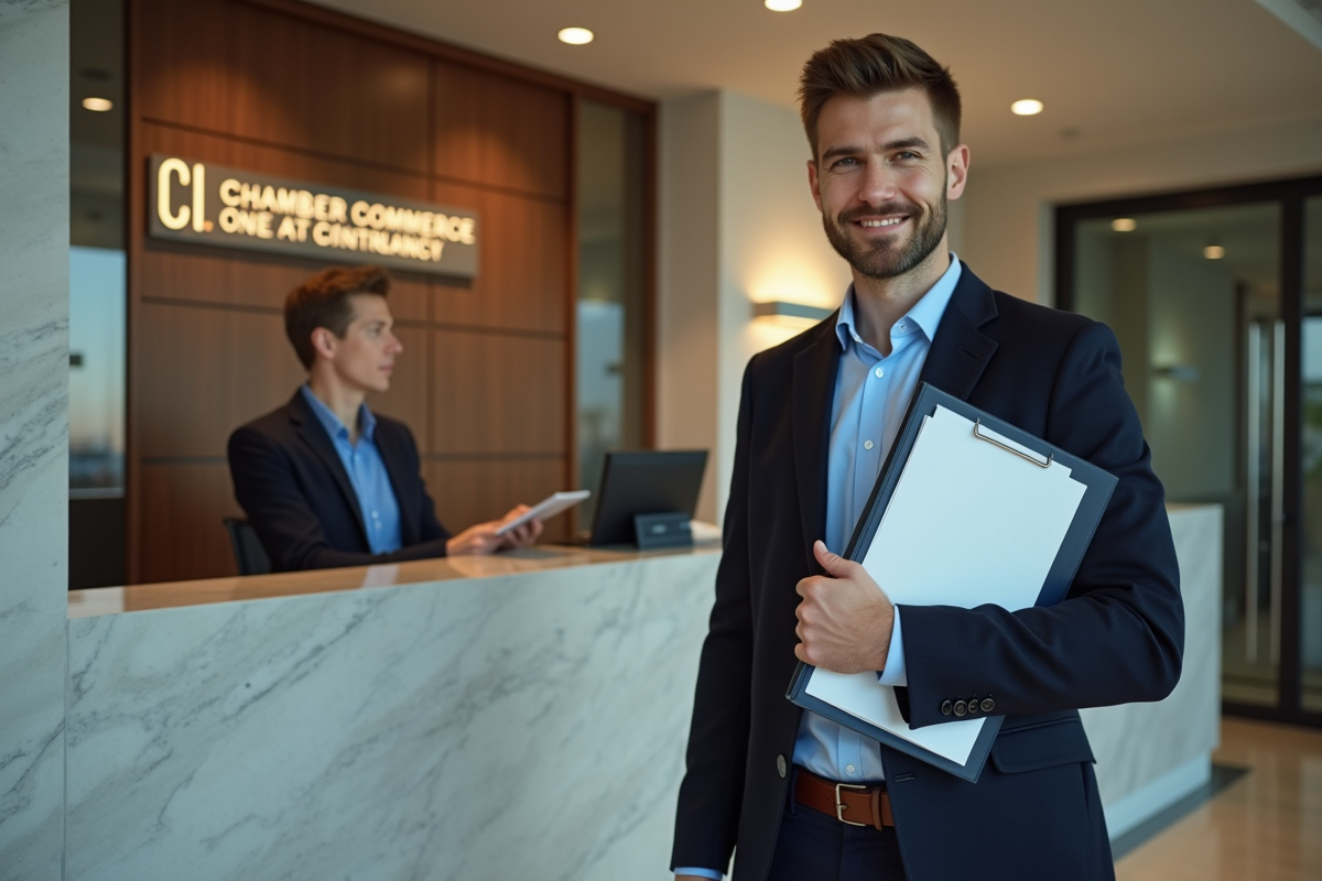 Jeune homme parlant avec une réceptionniste à l
