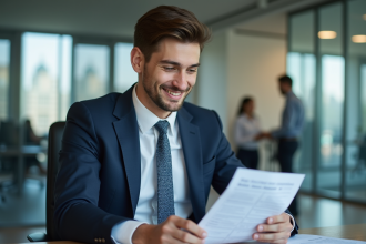 Jeune homme en costume regardant un rapport salarial