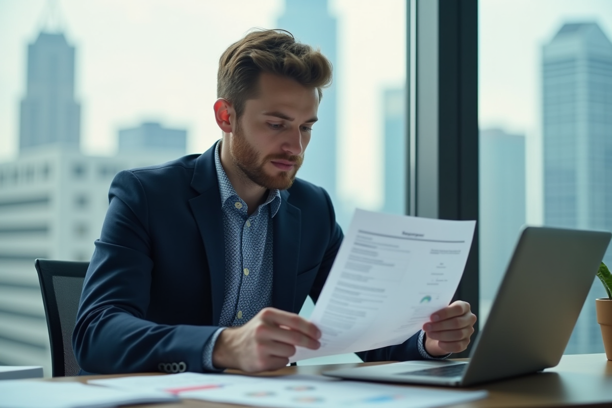 Jeune homme RH examinant des CV dans un bureau moderne