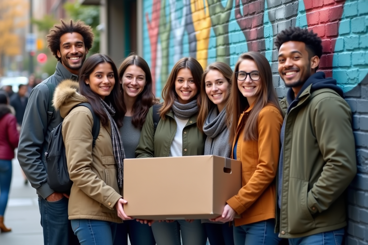 Groupe de jeunes avec une caisse de dons dans la rue