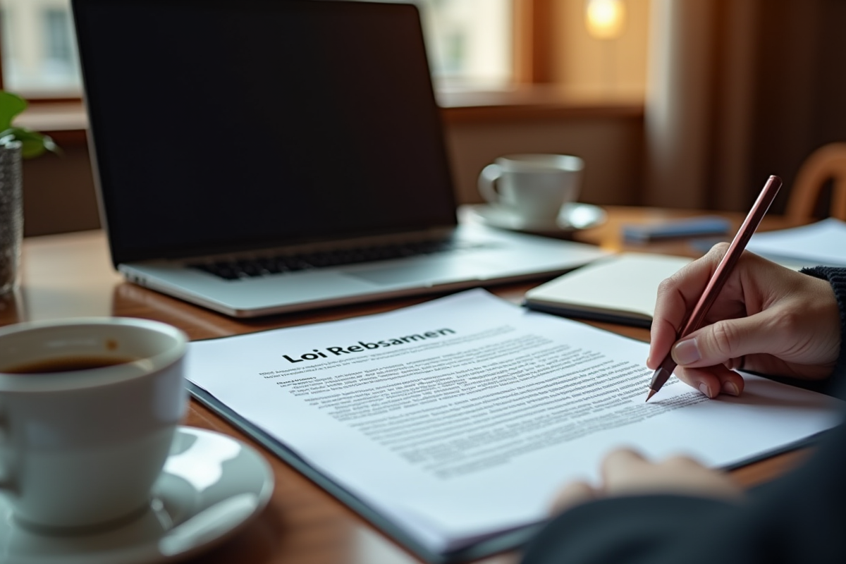 Lecture du document loi Rebsamen par un membre au bureau avec café et ordinateur
