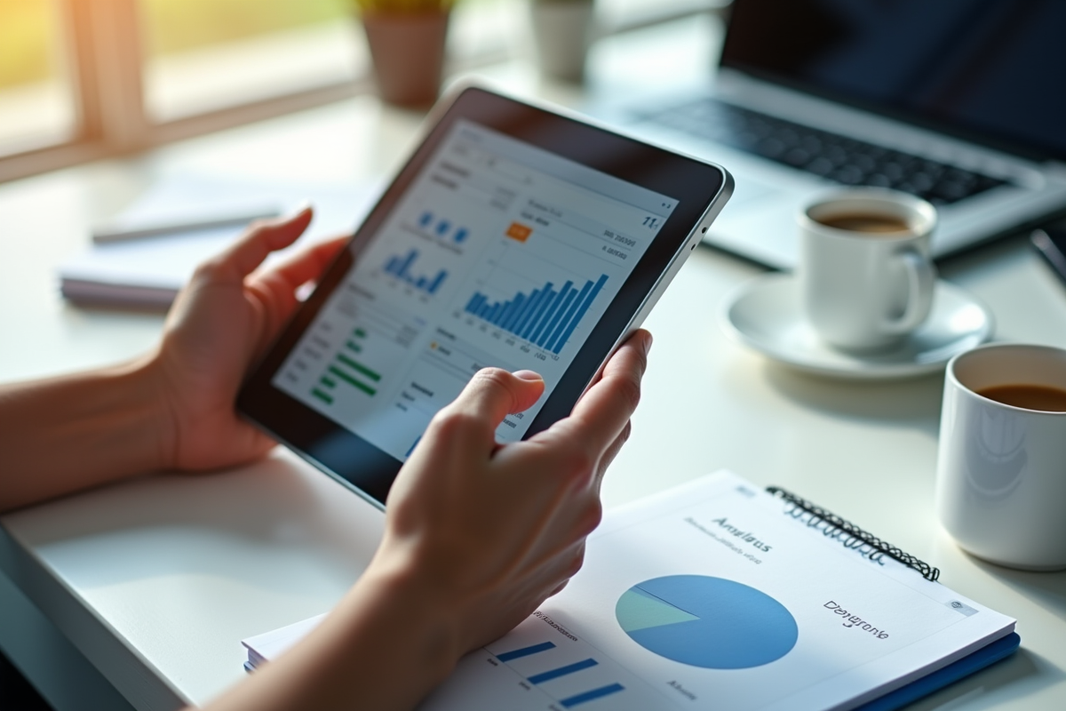 Mains tenant une tablette avec tableaux de bord interactifs sur un bureau lumineux