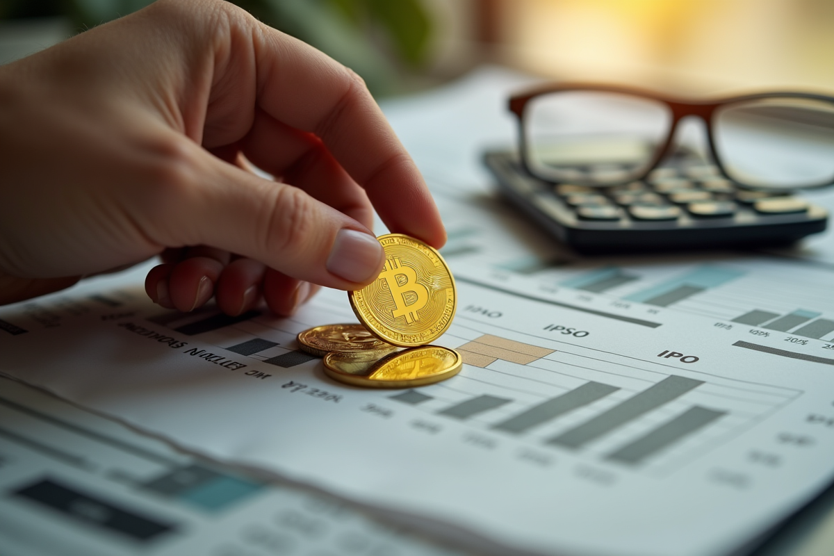 Main tenant une pièce d or refletant dans journaux financiers