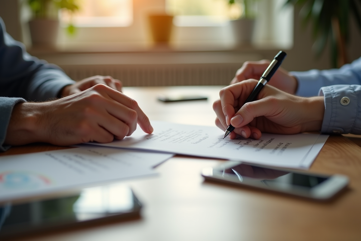 Deux mains échangeant une note manuscrite avec appareils numériques