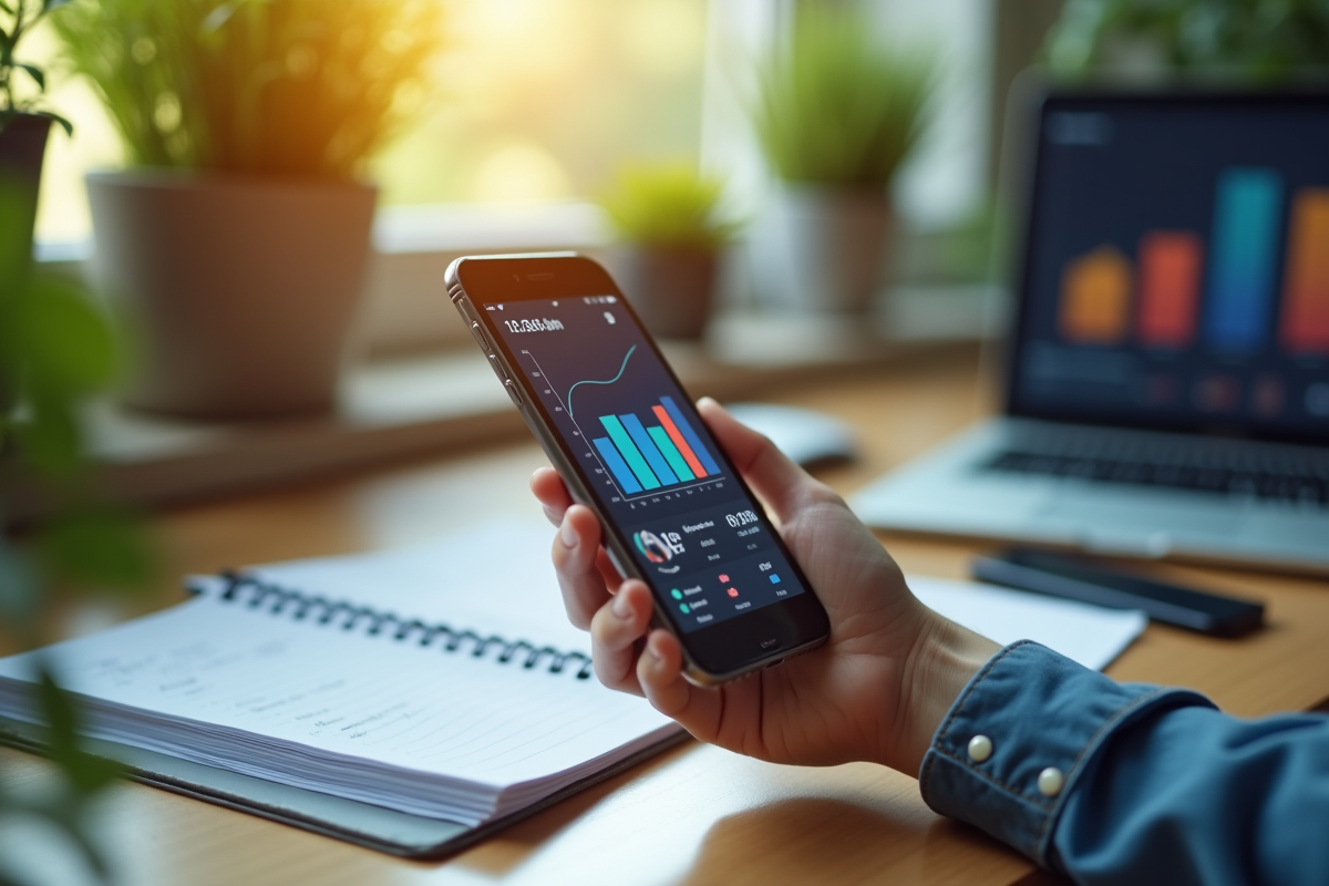 Main tenant un smartphone avec graphique de croissance
