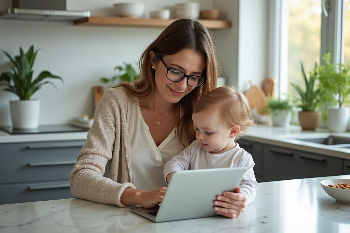 Femme avec enfant dans une cuisine moderne et lumineuse