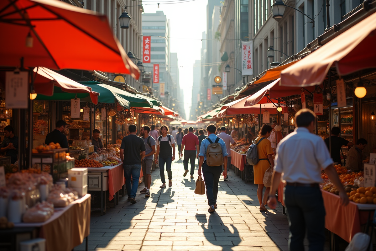 Marché urbain animé avec entrepreneurs et stands innovants