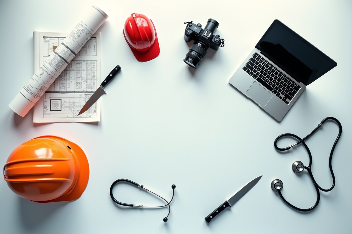 Équipements variés représentant différentes professions