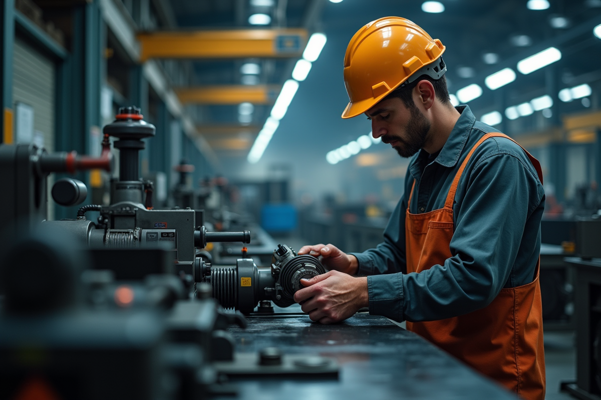 Ouvrier en protection inspectant une machine industrielle