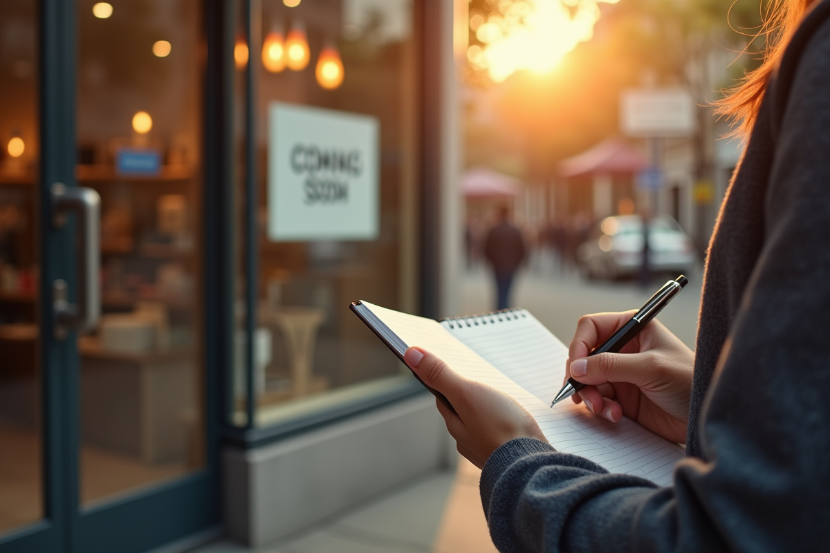 Personne tenant un carnet et stylo devant un local vide