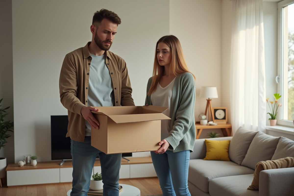 Homme et femme inquiets dans un salon lumineux