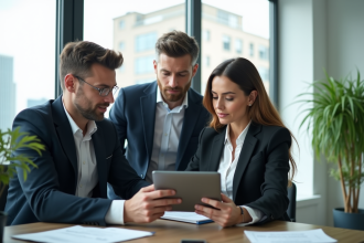 Groupe de professionnels en réunion dans un bureau moderne