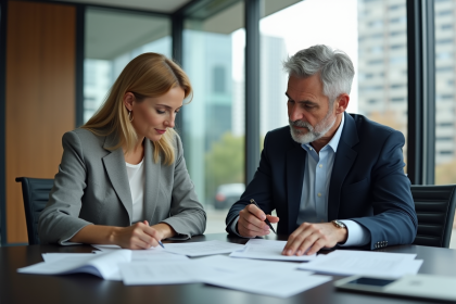 Homme et femme en tenue d'affaires examinant des documents