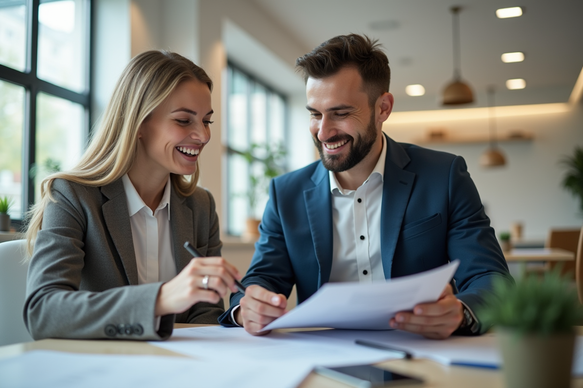 Professionnels souriants discutant de documents dans un espace lumineux