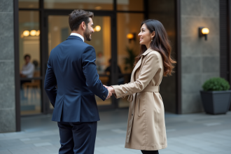 Deux professionnels se saluant devant un immeuble de bureau en ville