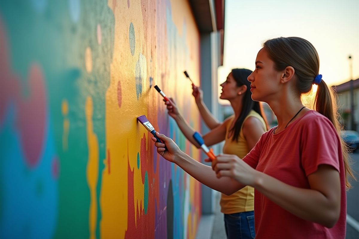 Personnes repeignant un mural coloré dans un environnement urbain