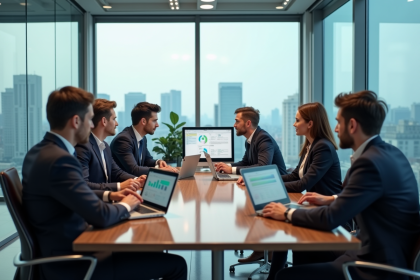 Groupe de professionnels discutant autour d'une table en réunion