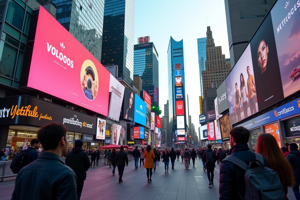 Rue animée avec panneau publicitaire numérique lumineux