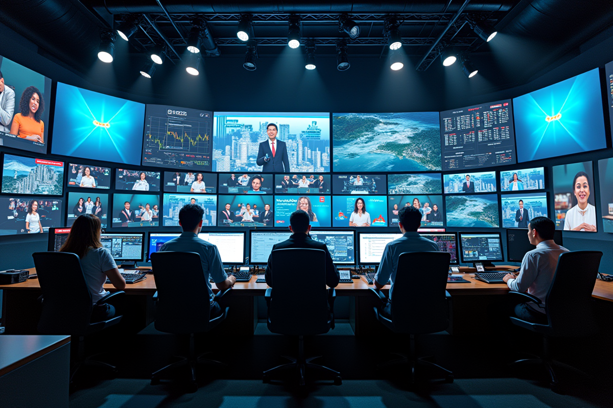 Salle de contrôle TV avec professionnels et écrans