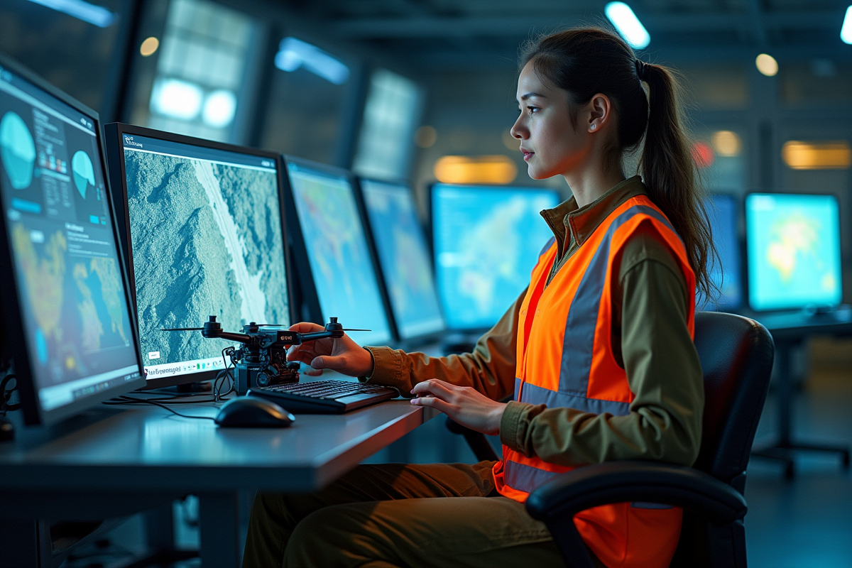 Jeune technicienne opérant un drone dans un centre minier moderne